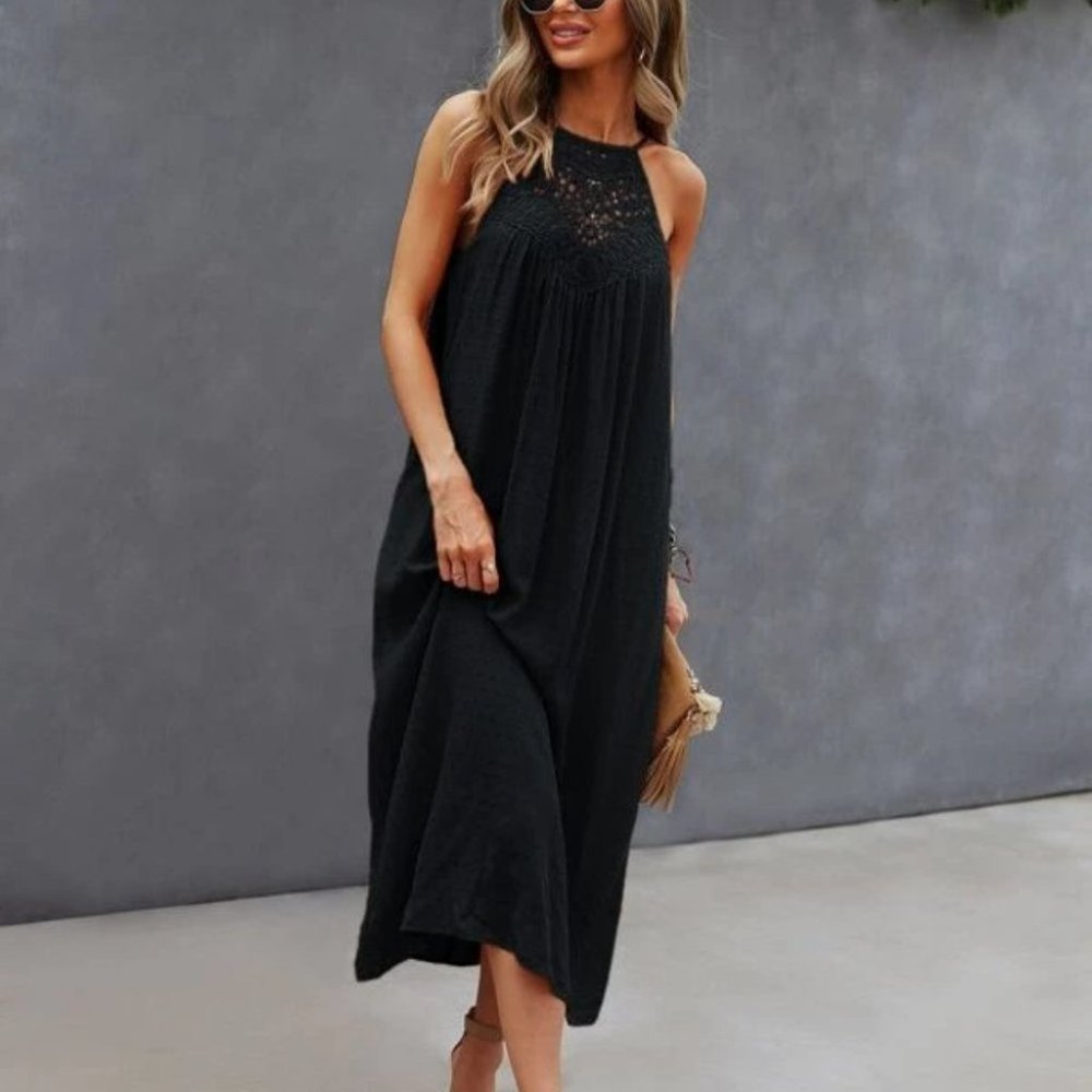 BLACK Lace detailed Swiss Dot Halter Dress pockets - Picture 3 of 6